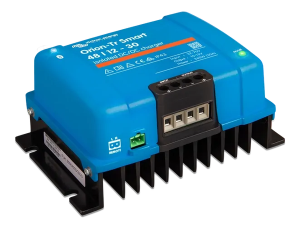 Side perspective of the blue Victron DC-DC charger showing the mounting holes and heatsink profile