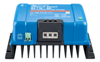 Front view of charger terminals with dust cover and remote on/off plug visible