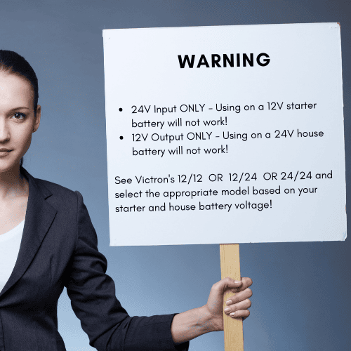 Warning graphic stating 24V input only and 12V output only for this charger model