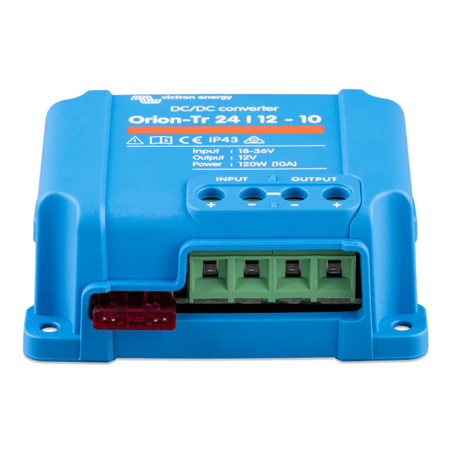 Angled view of Victron Orion-Tr converter showing terminal block and integrated fuse