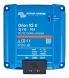 Top view of a blue Victron Orion XS DC-DC battery charger with labels and status indicators