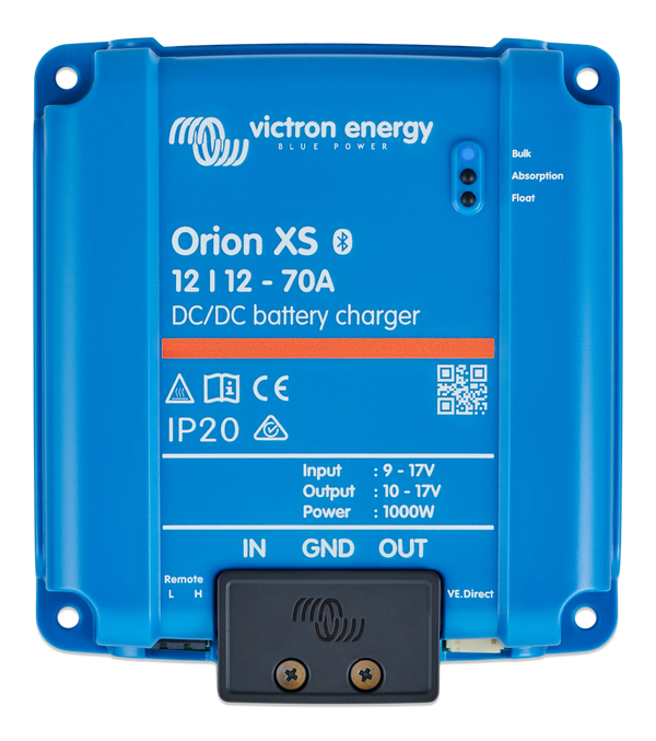 Top view of a blue Victron Orion XS DC-DC battery charger with labels and status indicators