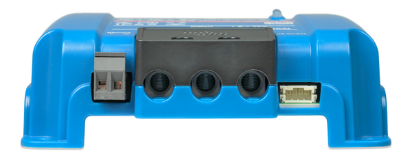 Close-up of terminal ports including screw terminals, remote input and VE.Direct port
