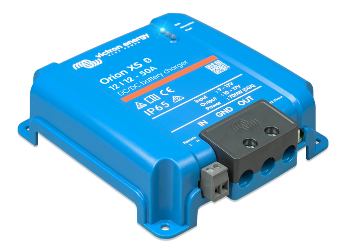 Side perspective of the blue Victron Orion XS charger showing the slim aluminium enclosure