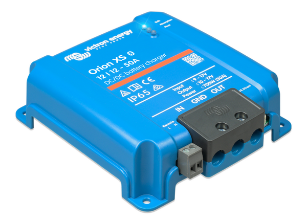 Side perspective of the blue Victron Orion XS charger showing the slim aluminium enclosure