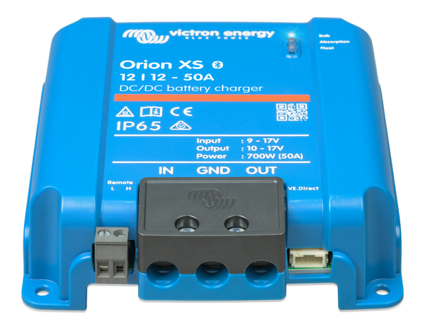 Angled view of Victron Orion XS charger showing recessed screw terminals and remote port
