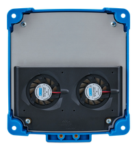 Rear view of the charger showing twin cooling fans and a metallic heat dissipation plate
