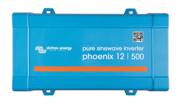 Top-down view of a blue Victron Phoenix 12/500 pure sine wave inverter