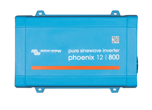 Top-down view of a blue Victron Phoenix 12/800 pure sinewave inverter with mounting flanges