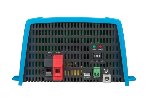 Rear panel of Victron Phoenix inverter showing DC battery terminals and communication ports
