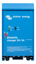 Front view of blue Victron Phoenix 24V 16A battery charger with status LEDs and power switch