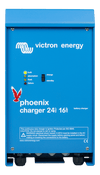 Front view of blue Victron Phoenix 24V 16A battery charger with status LEDs and power switch