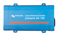Top view of a blue Victron Phoenix 24/500 pure sinewave inverter showing mounting brackets