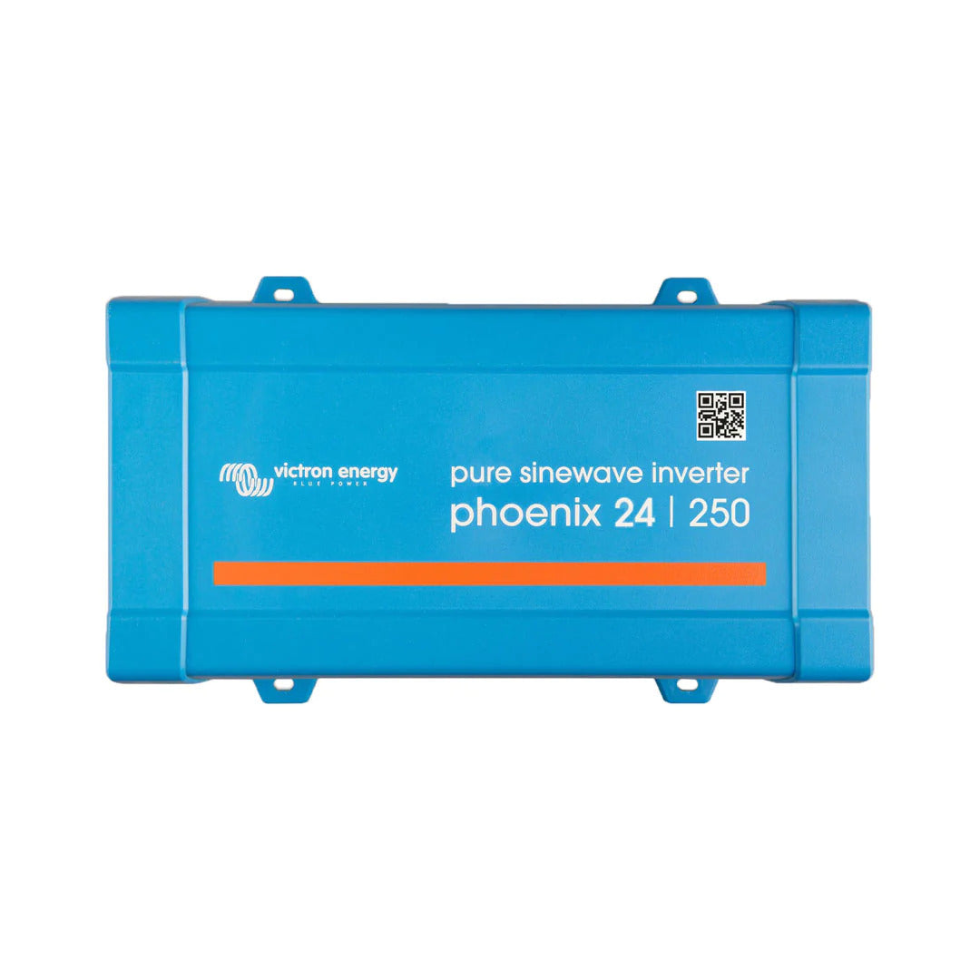 Victron Phoenix 24/250 pure sinewave inverter front view in blue steel chassis showing product branding