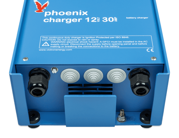 Bottom connection panel of Victron Phoenix charger with cable glands and cooling vent