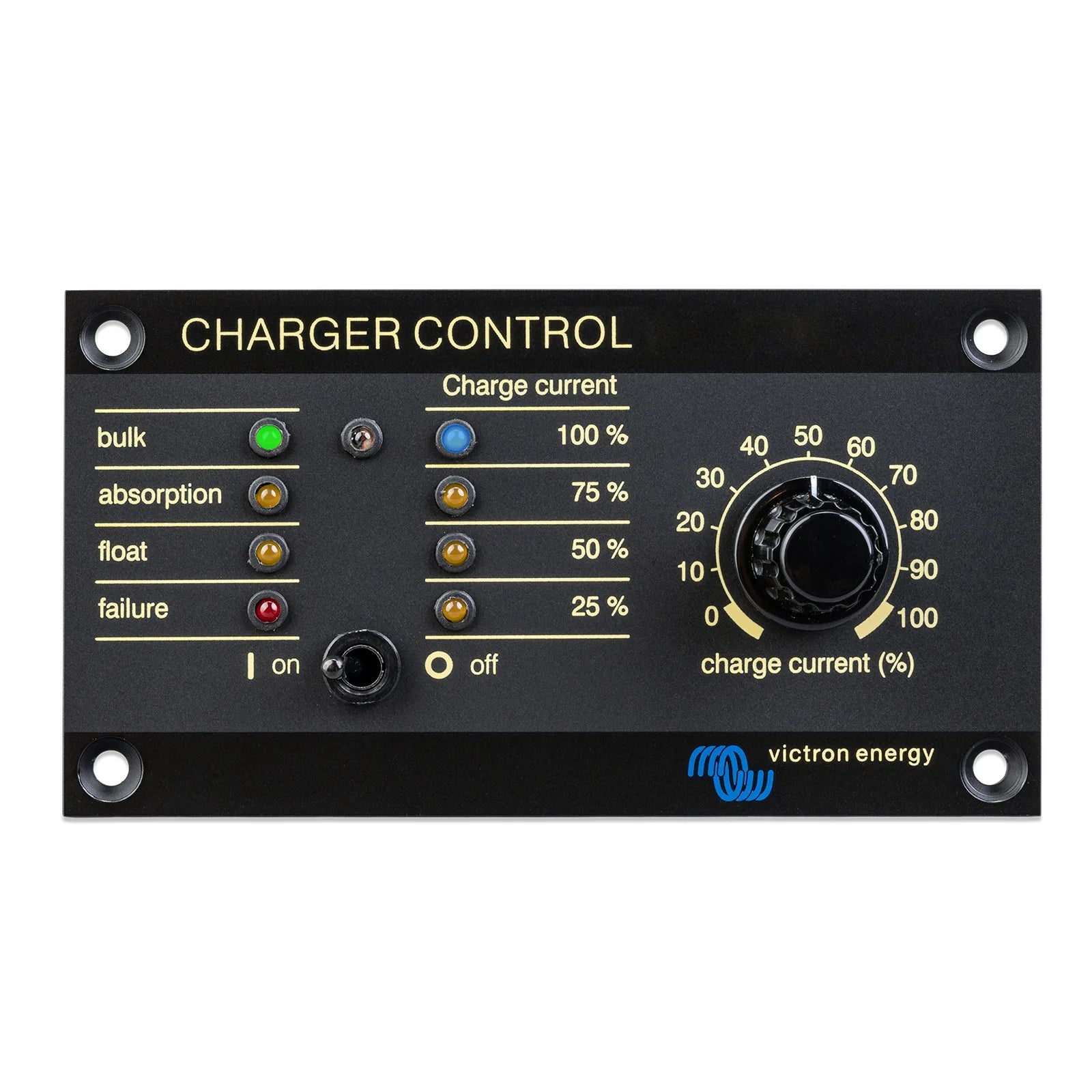 Front view of Victron charger control panel with LED indicators, toggle switch, and current adjustment dial