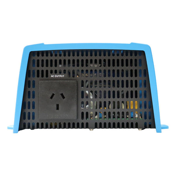 Front panel of a blue Victron inverter showing a standard Australian/New Zealand 230V AC power outlet
