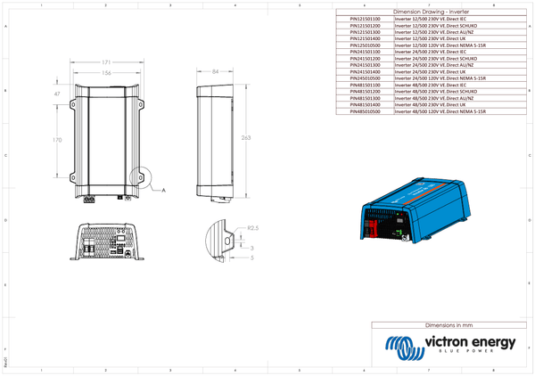 Dimensional technical drawing of the Victron Phoenix 500VA inverter