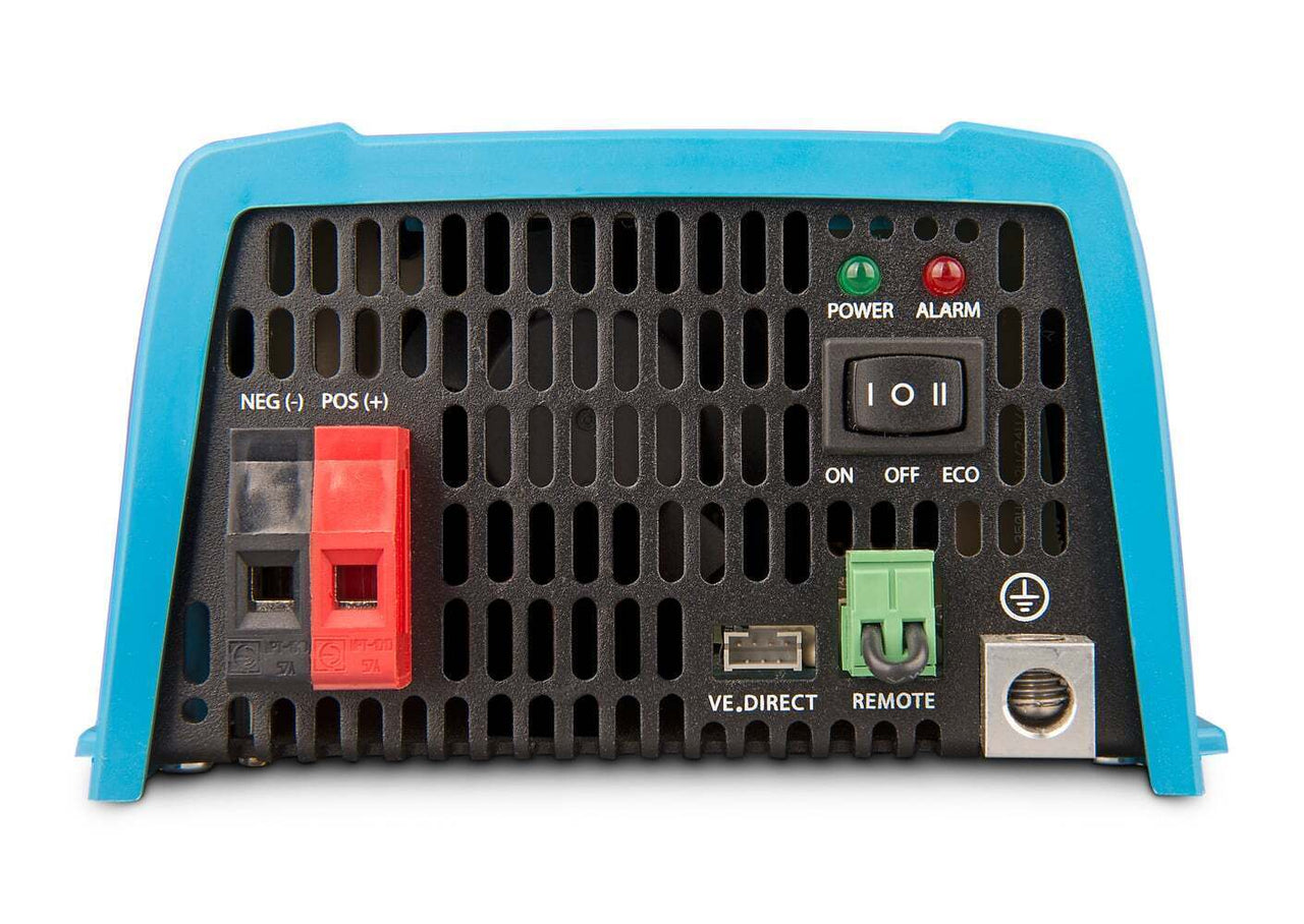 Rear interface of Victron inverter showing DC terminals, VE.Direct port, and ECO mode switch