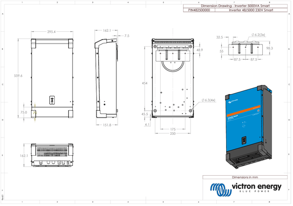 Dimensional drawing showing height, width and depth measurements for the 5000VA smart inverter