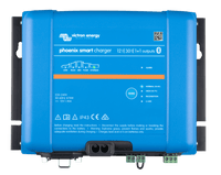 Victron Phoenix Smart IP43 12V 30A battery charger top view showing status LEDs and mode button