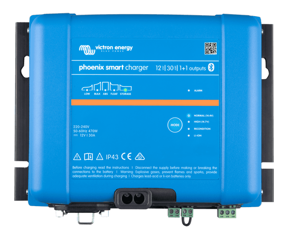 Victron Phoenix Smart IP43 12V 30A battery charger top view showing status LEDs and mode button