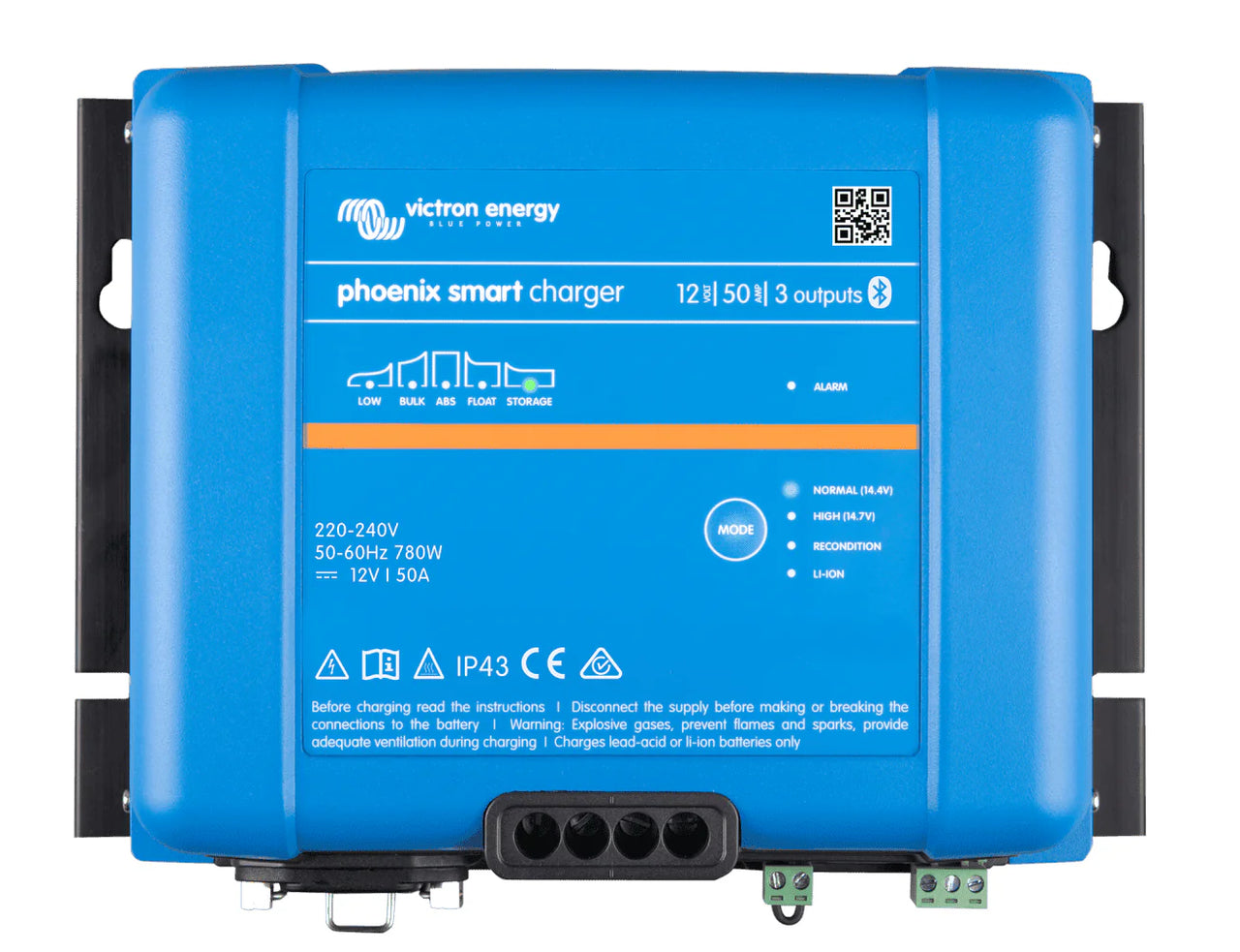 Front view of blue Victron Phoenix Smart 12V 50A battery charger with status LEDs and Bluetooth connectivity