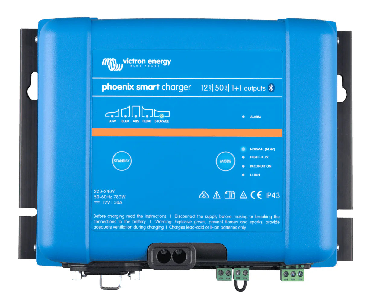 Front view of Victron 12V 50A Phoenix Smart battery charger with status indicators