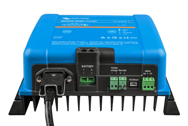 Bottom connection panel of Victron Phoenix Smart charger showing DC terminals and communication ports