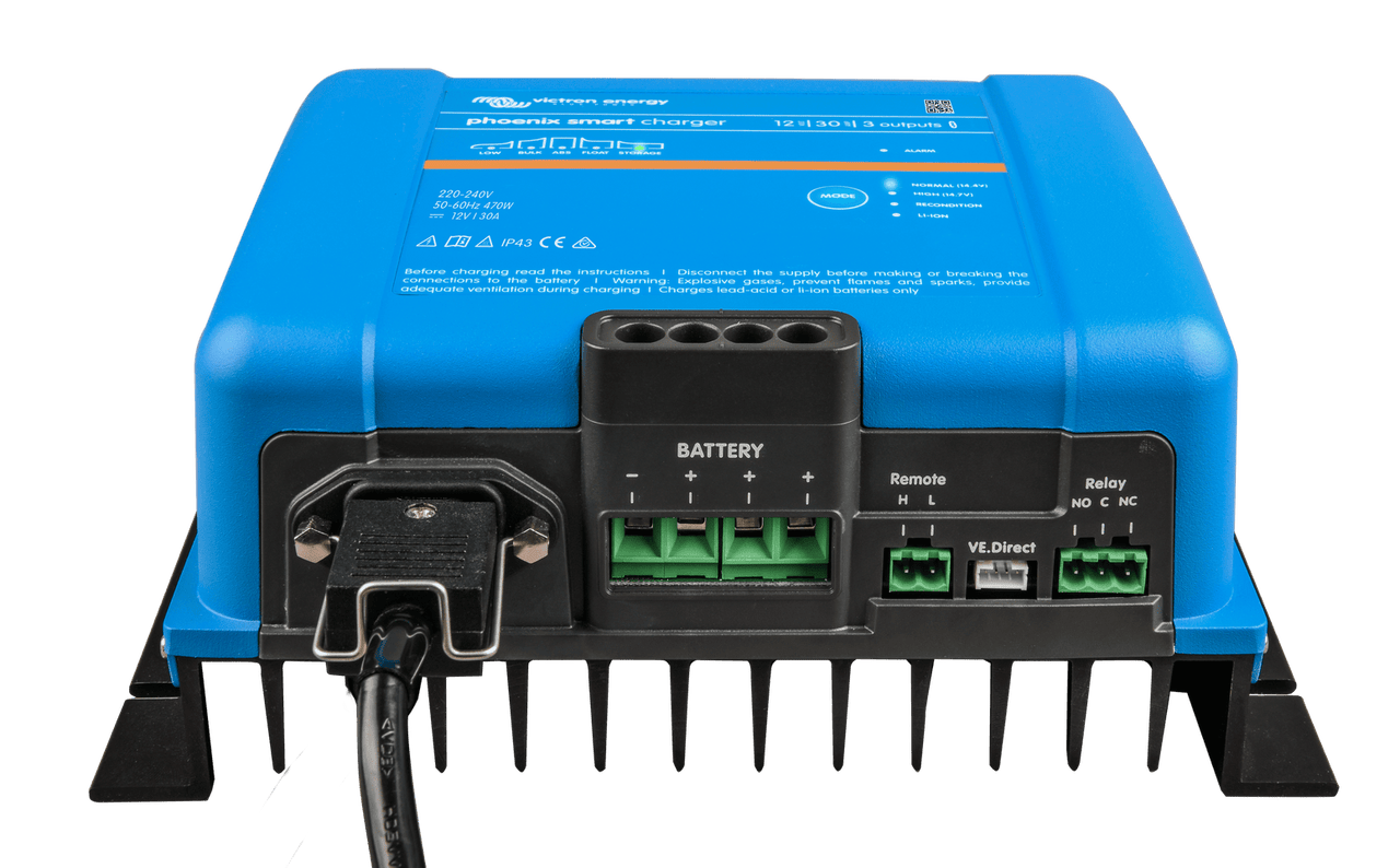 Bottom view of Phoenix Smart charger showing three battery outputs, VE.Direct port and cooling fins
