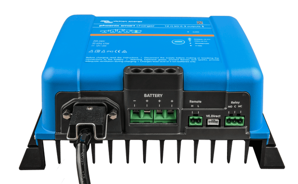 Bottom view of Phoenix Smart charger showing three battery outputs, VE.Direct port and cooling fins