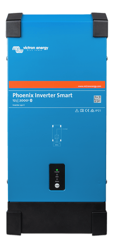 Front view of blue Victron Phoenix Smart Inverter 12/2000 showing status LEDs and sleek enclosure