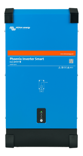 Front view of blue Victron Phoenix Smart Inverter 24/3000 showing status LEDs and branding