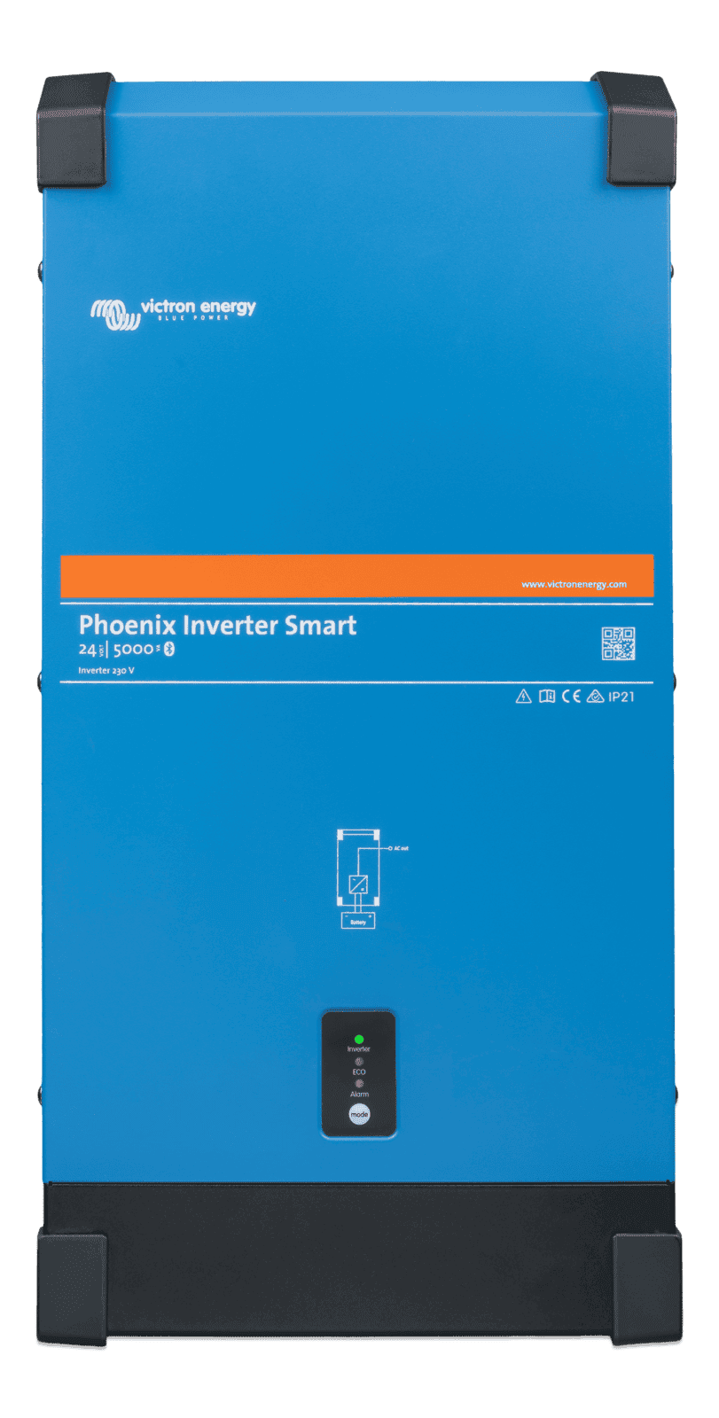 Front view of blue Victron Phoenix Smart Inverter 24/5000 with status LEDs