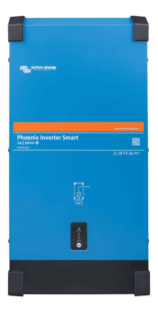 Front view of blue Victron Phoenix Smart Inverter 24/5000 with status LEDs