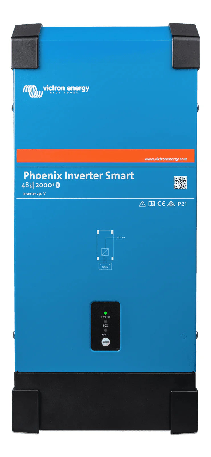 Front view of blue Victron Phoenix Smart Inverter 48/2000 showing status LEDs and power button