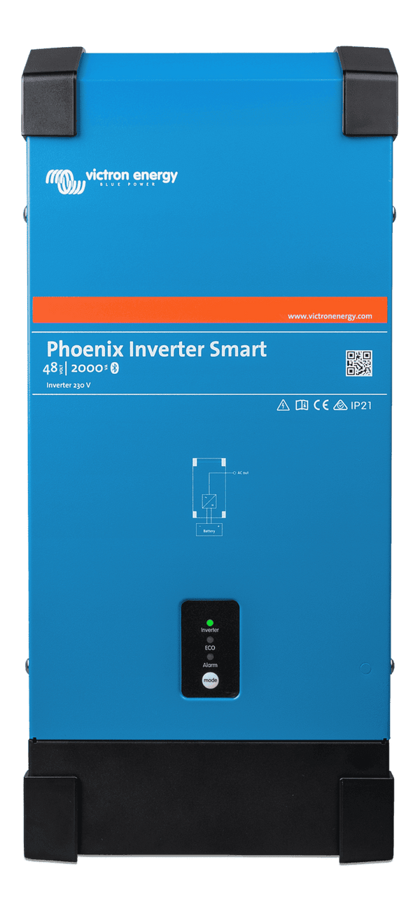Front view of blue Victron Phoenix Smart Inverter 48/2000 showing status LEDs and power button