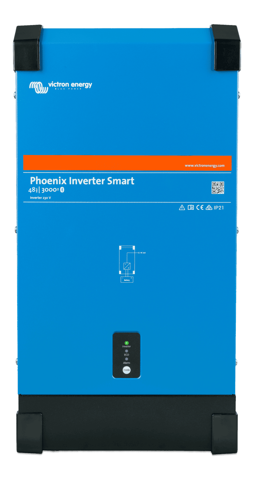 Front view of blue Victron Phoenix Smart 48V 3000VA power inverter in a steel enclosure