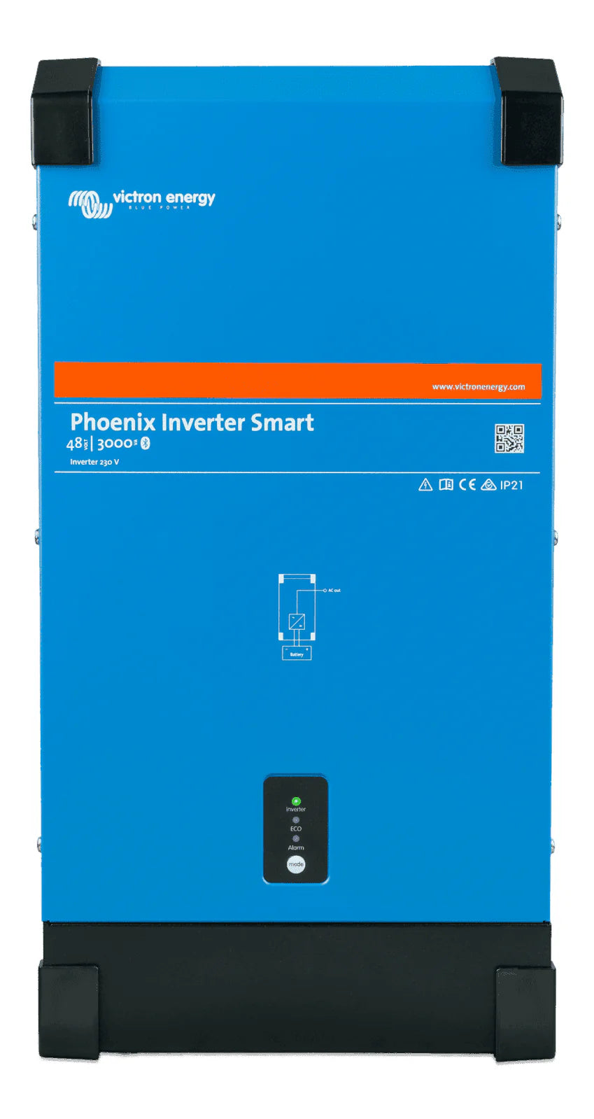 Front view of blue Victron Phoenix Smart 48V 3000VA power inverter in a steel enclosure