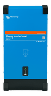 Front view of blue Victron Phoenix Smart 48V 3000VA power inverter in a steel enclosure