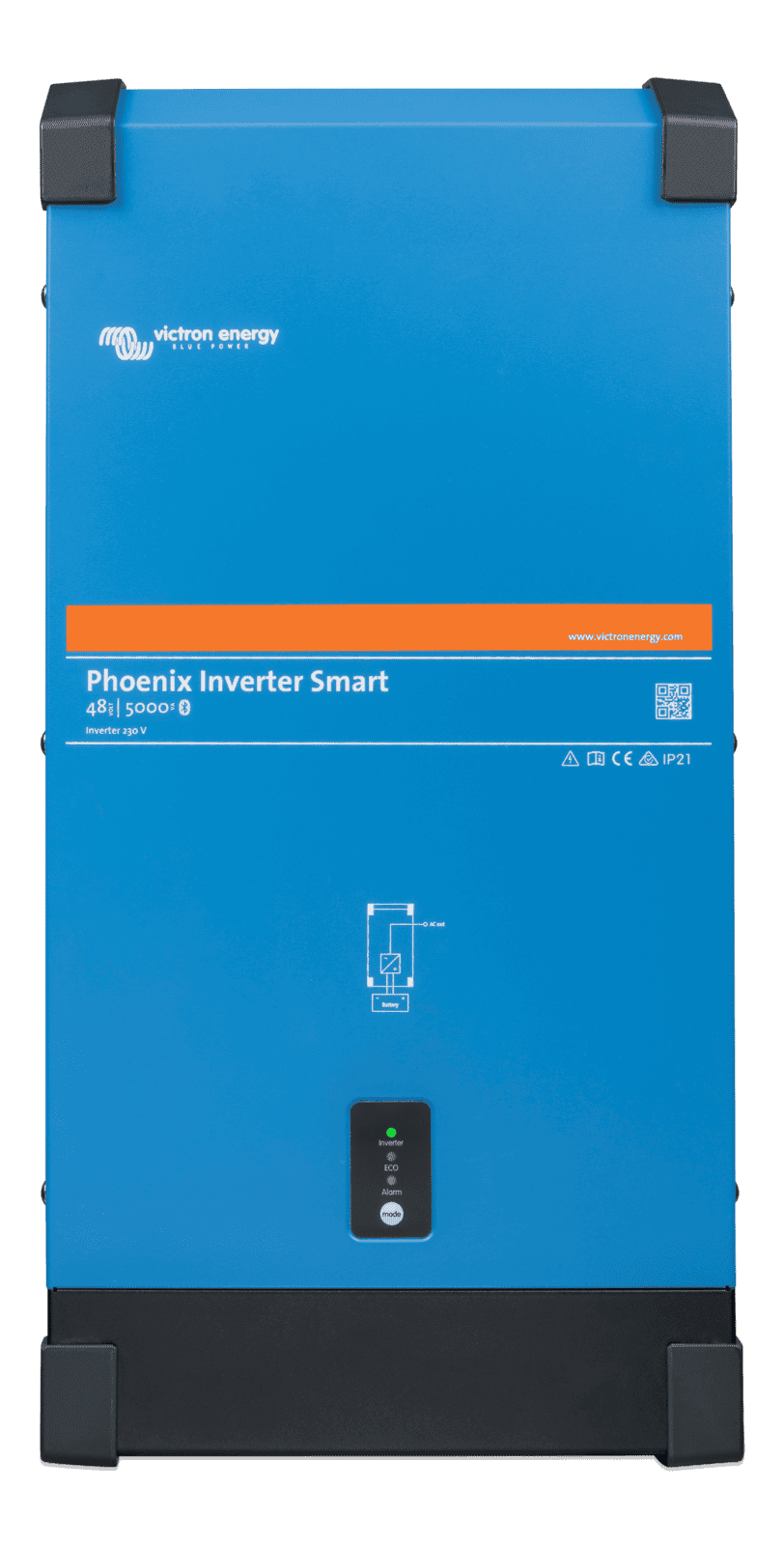 Front view of blue Victron Phoenix Smart 48V 5000VA inverter with status LED indicators