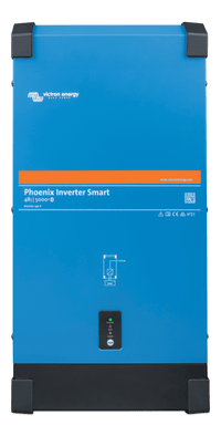 Front view of blue Victron Phoenix Smart 48V 5000VA inverter with status LED indicators