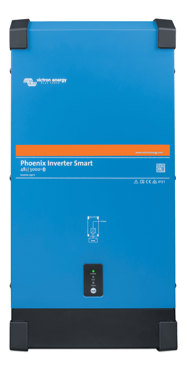 Front view of blue Victron Phoenix Smart 48V 5000VA inverter with status LED indicators