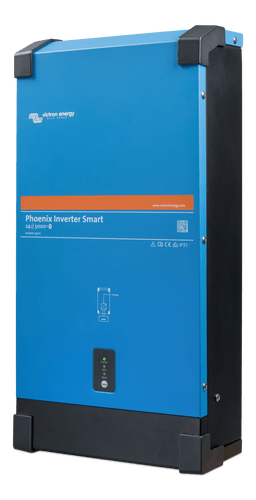 Angled side view of the blue steel Victron Phoenix Smart Inverter