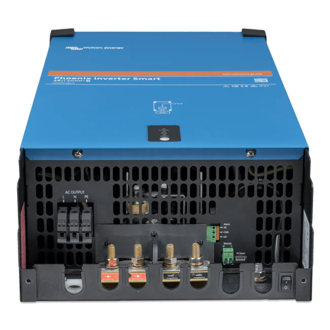 Bottom connection panel of the inverter showing DC terminals and AC output ports