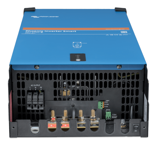 Bottom connection panel of the inverter showing DC terminals and AC output ports