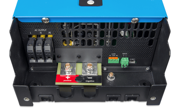 Connection panel with AC screw terminals, M8 battery bolts and VE.Direct communication port