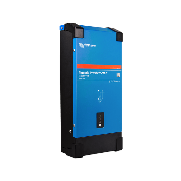 Left side angled view of the blue Victron Phoenix Smart 12/2000 230V inverter