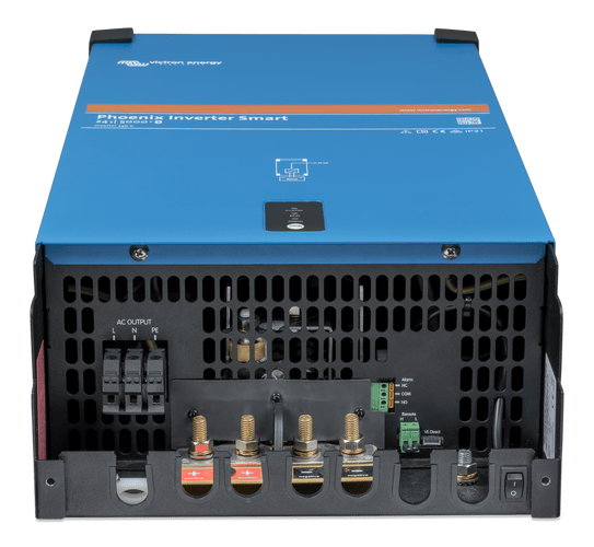 Bottom connection panel of the Victron 5000VA inverter showing electrical terminals