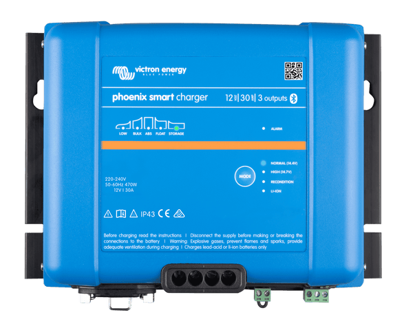 Front of blue Victron Phoenix Smart IP43 12V 30A battery charger with LED indicators and Bluetooth label